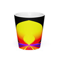 Solar Lotus Latte Mug – white ceramic cone mug, front view, psychedelic abstract art in yellow, orange, red and blue.