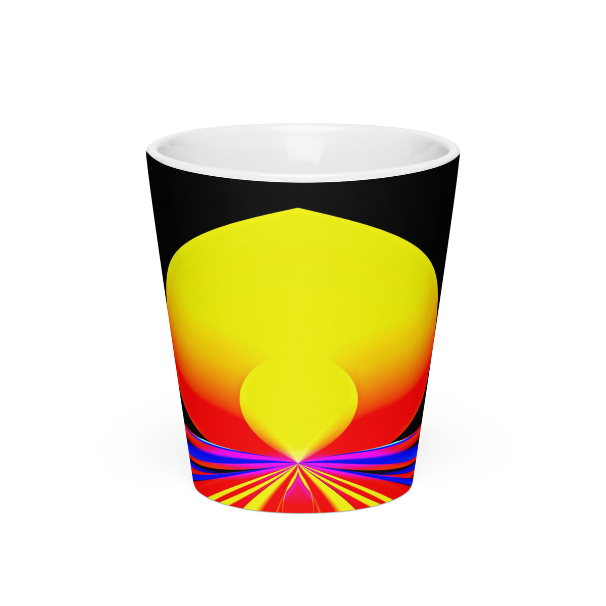 Solar Lotus Latte Mug – white ceramic cone mug, front view, psychedelic abstract art in yellow, orange, red and blue.