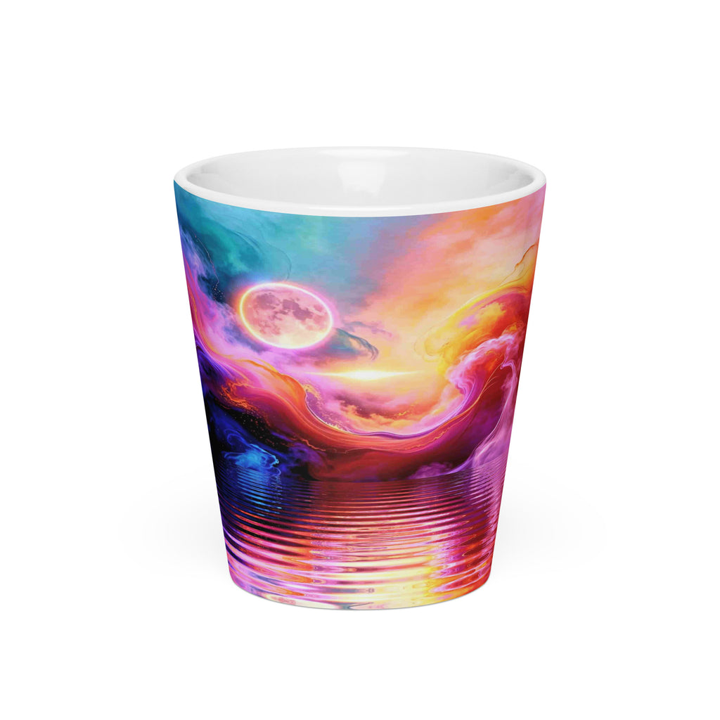 Cosmic Storm Latte Mug – white ceramic cone mug, front view, psychedelic abstract art in purple, magenta and blue.