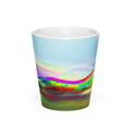 Dream Scape Latte Mug – white ceramic cone mug, front view, abstract rainbow landscape print.