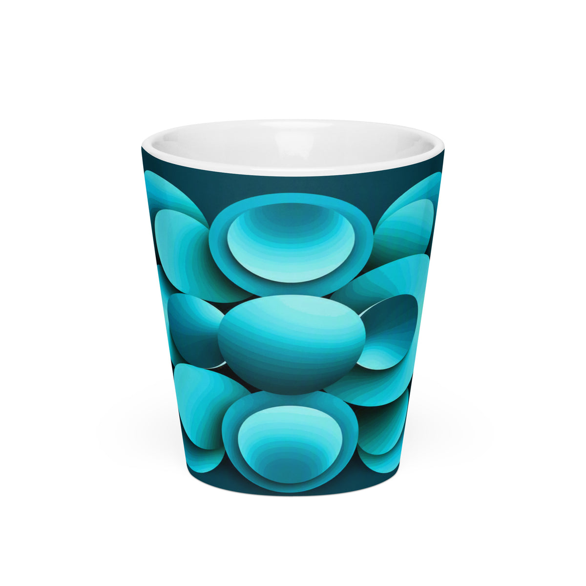 Echoes Latte Mug – white ceramic cone mug, front view, abstract 3D cyan and teal geometric print.