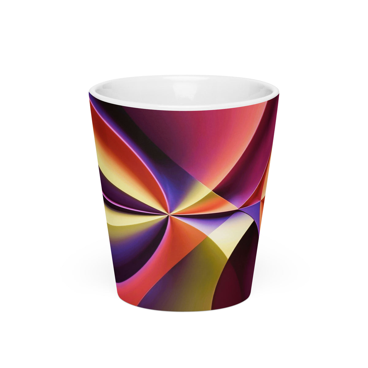 Story of Colour Latte Mug – white ceramic latte mug, front view, swirling abstract art in magenta, purple and orange.