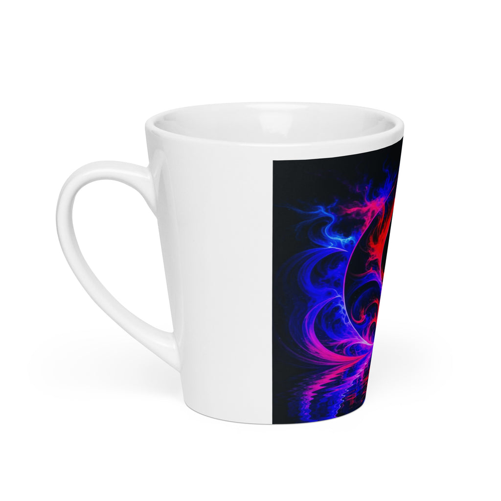New Frontiers Latte Mug – white ceramic cone mug, left view, neon abstract art with crimson flames and electric blue.