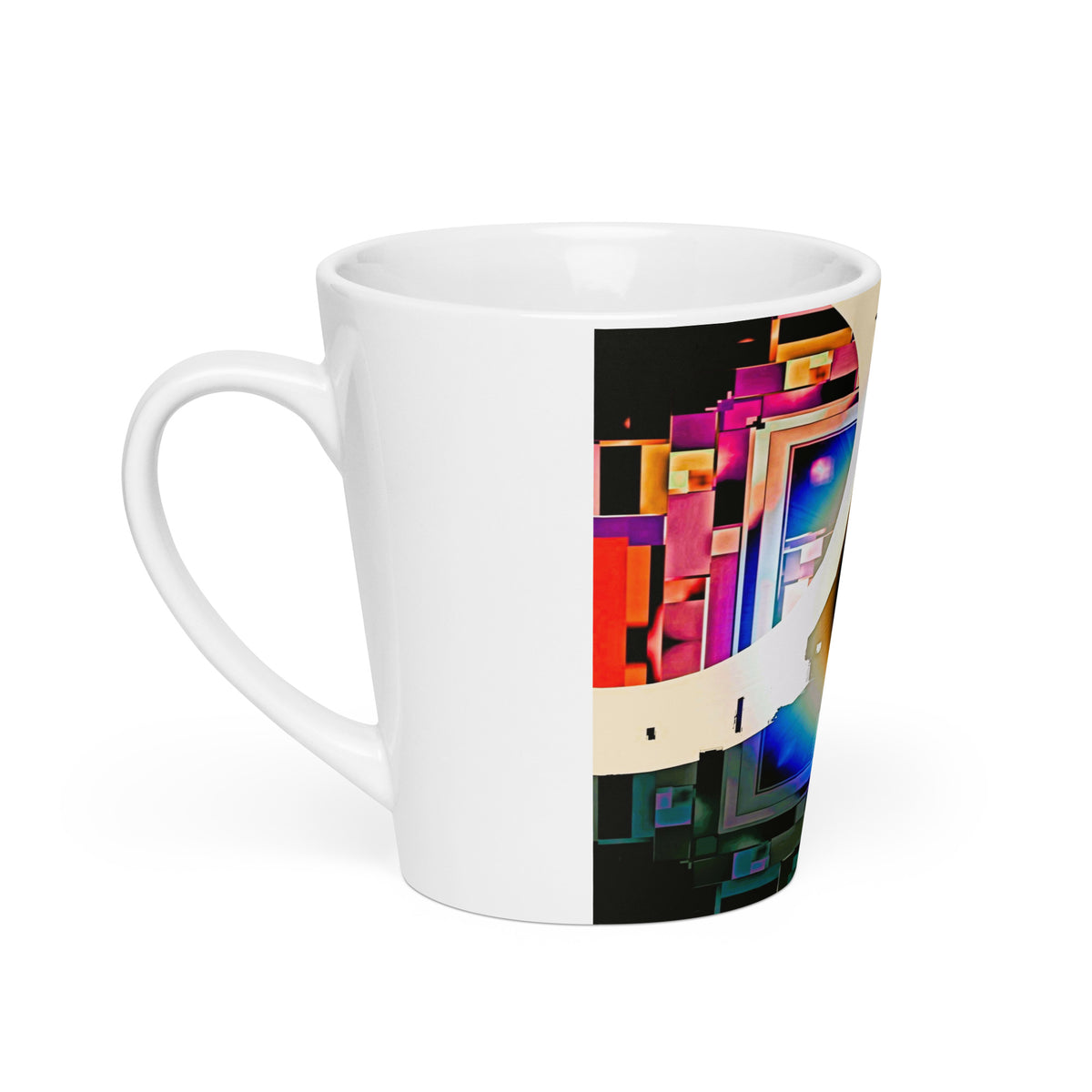 Cyber Eye Latte Mug – white ceramic cone mug, left view, cyberpunk abstract art with electric-blue iris.