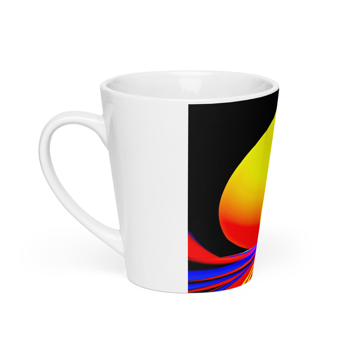 Solar Lotus Latte Mug – white ceramic cone mug, left view, psychedelic abstract art in yellow, orange, red and blue.