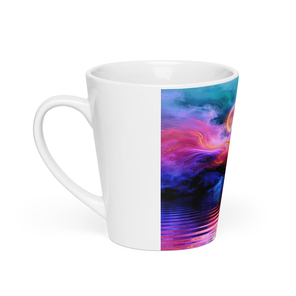Cosmic Storm Latte Mug – white ceramic cone mug, left view, psychedelic abstract art in purple, magenta and blue.