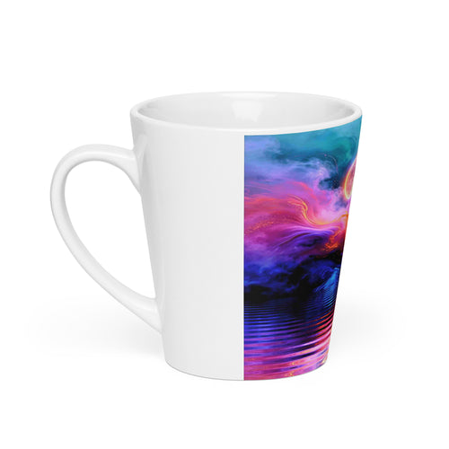 Cosmic Storm Latte Mug – white ceramic cone mug, left view, psychedelic abstract art in purple, magenta and blue.