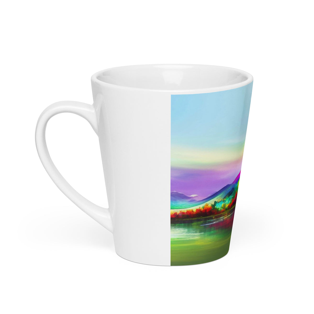 Dream Scape Latte Mug – white ceramic cone mug, left view, abstract rainbow landscape print.