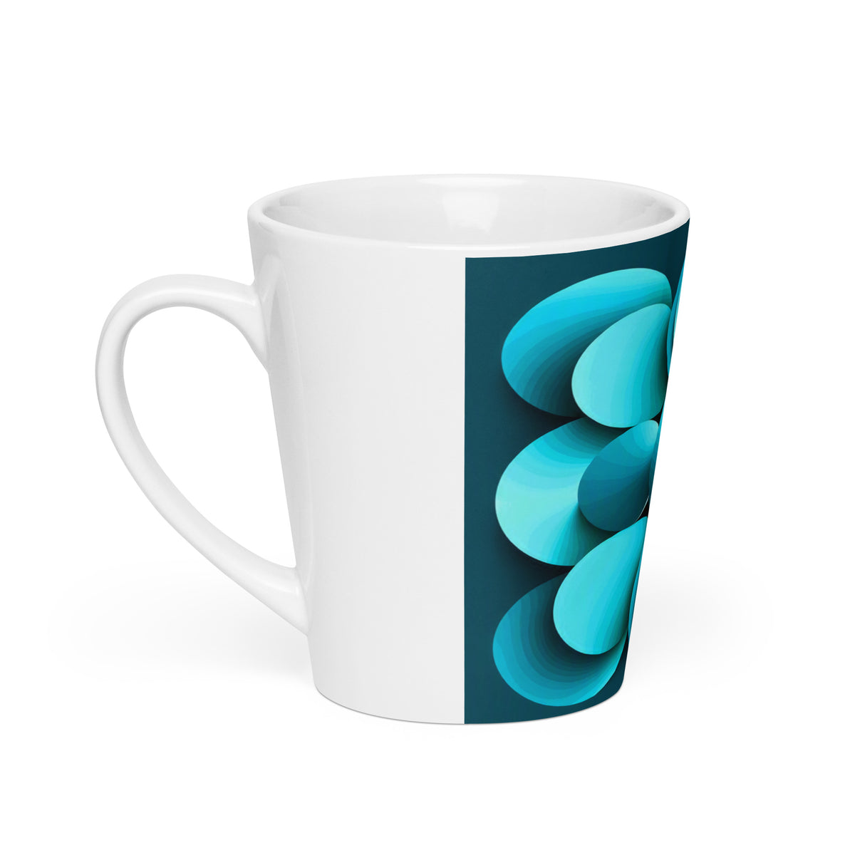 Echoes Latte Mug – white ceramic cone mug, left view, abstract 3D cyan and teal geometric print.