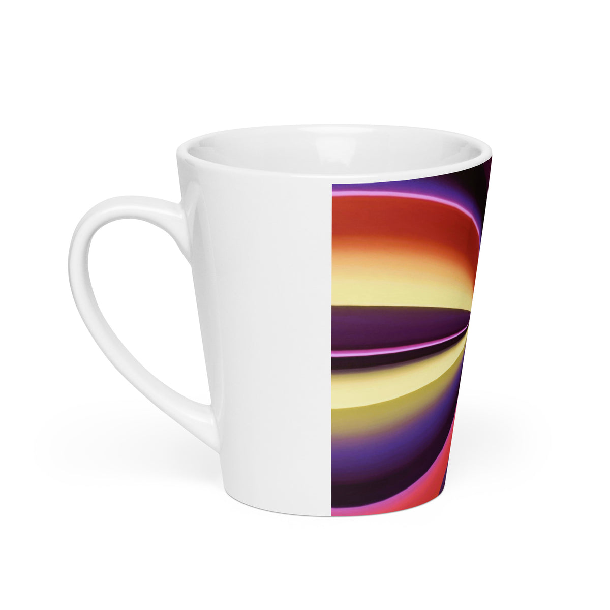 Story of Colour Latte Mug – white ceramic latte mug, left view, swirling abstract art in magenta, purple and orange.