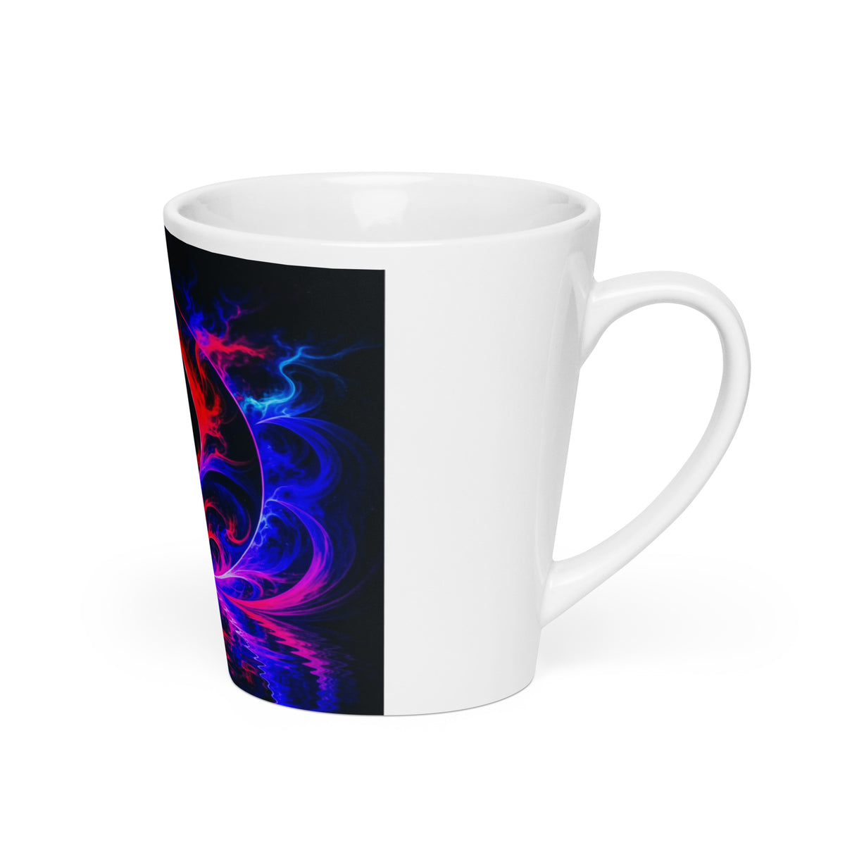 New Frontiers Latte Mug – white ceramic cone mug, right view, neon abstract art with crimson flames and electric blue.