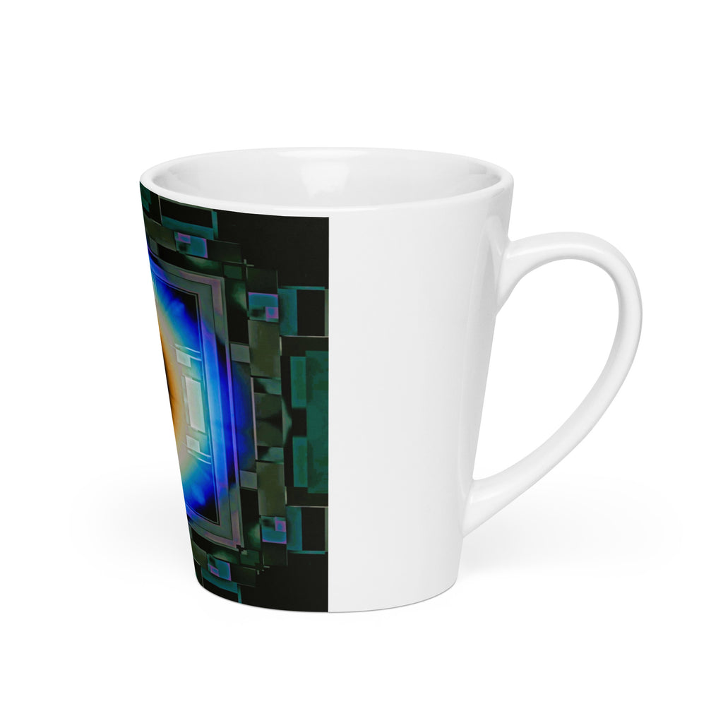 Cyber Eye Latte Mug – white ceramic cone mug, right view, cyberpunk abstract art with electric-blue iris.