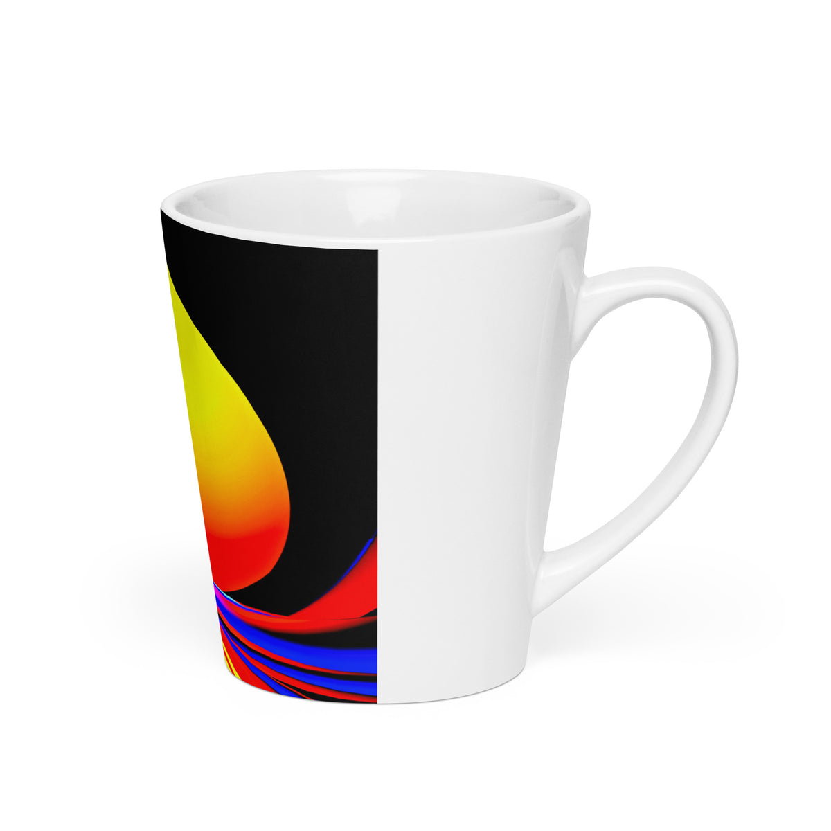 Solar Lotus Latte Mug – white ceramic cone mug, right view, psychedelic abstract art in yellow, orange, red and blue.