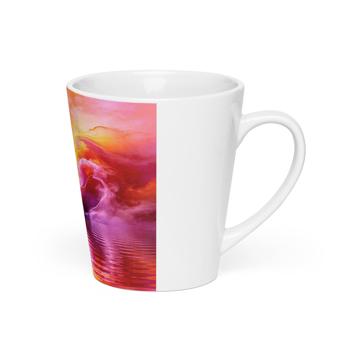 Cosmic Storm Latte Mug – white ceramic cone mug, right view, psychedelic abstract art in purple, magenta and blue.
