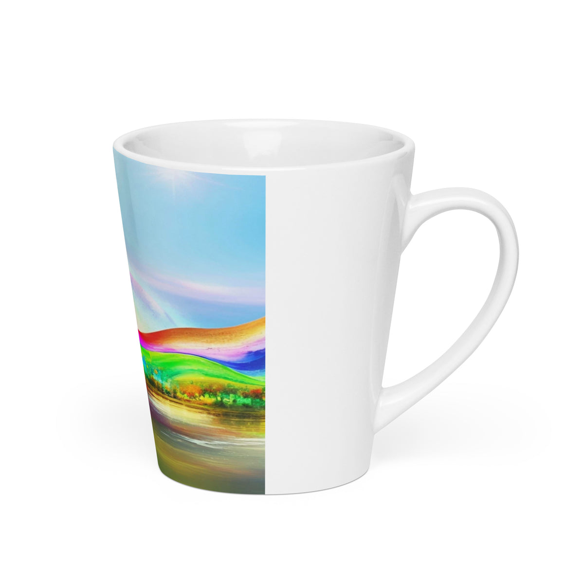 Dream Scape Latte Mug – white ceramic cone mug, right view, abstract rainbow landscape print.