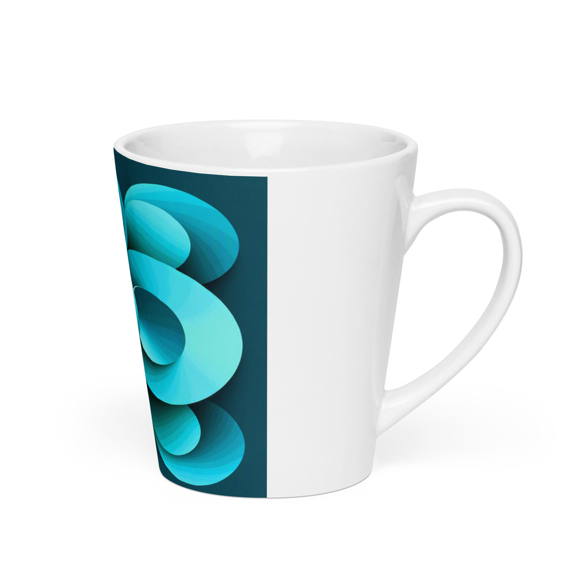 Echoes Latte Mug – white ceramic cone mug, right view, abstract 3D cyan and teal geometric print.