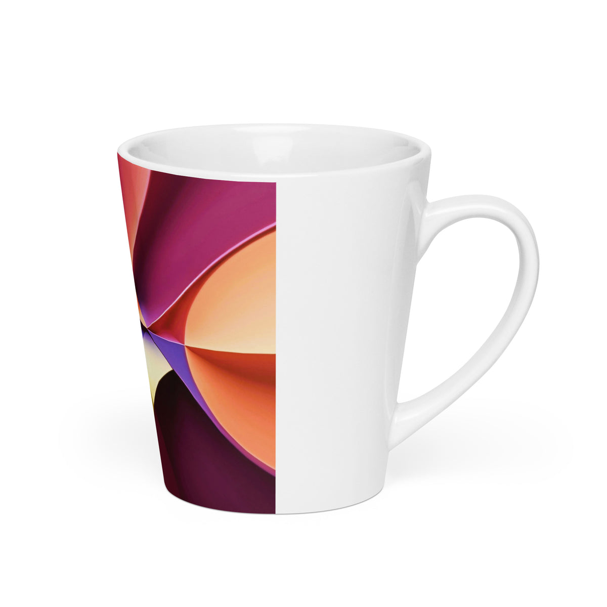 Story of Colour Latte Mug – white ceramic latte mug, right view, swirling abstract art in magenta, purple and orange.