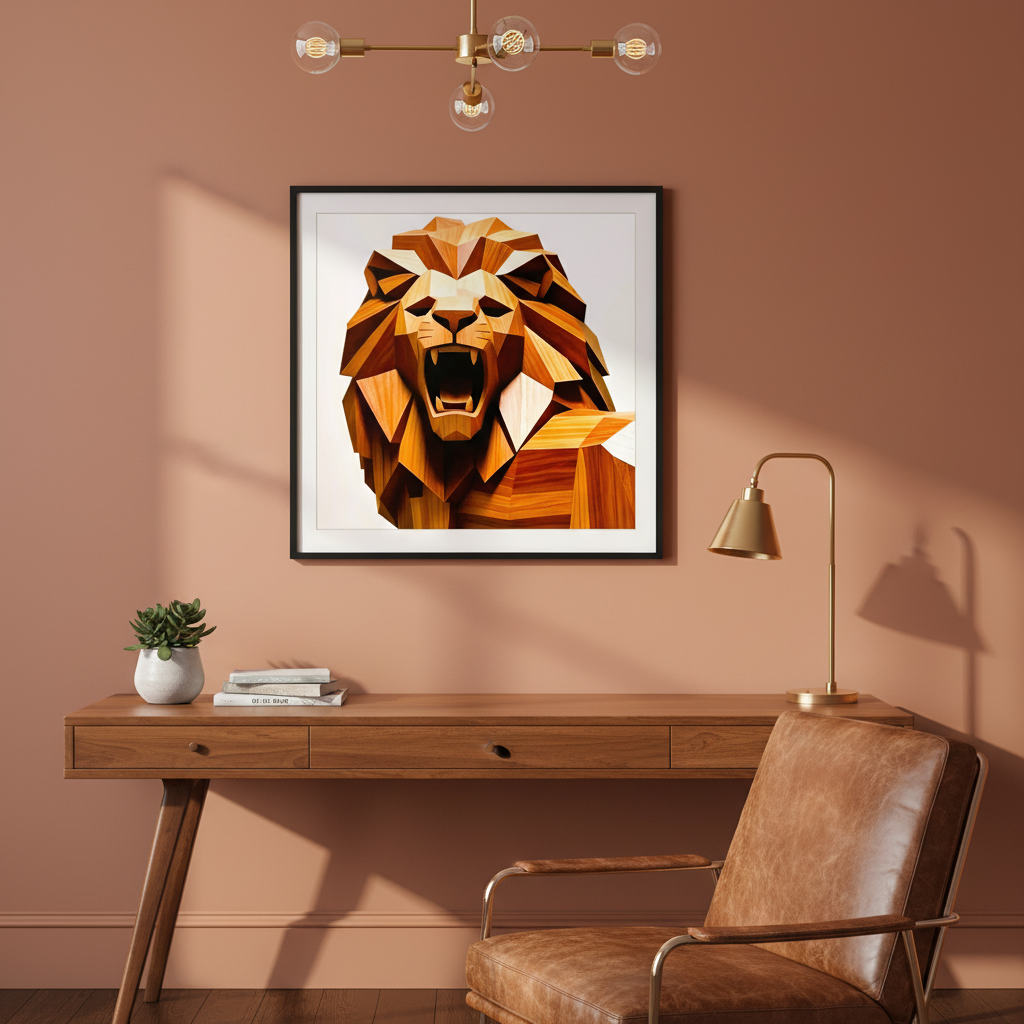 Leo Pride Poster framed art print with white matte border displayed on a terracotta wall in a mid-century modern home office.