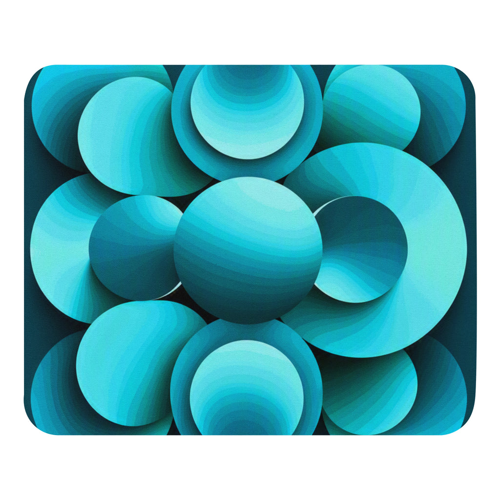 Echoes Mouse Pad flat lay — bold 3D abstract cyan and teal circular print by Abstract Aura.