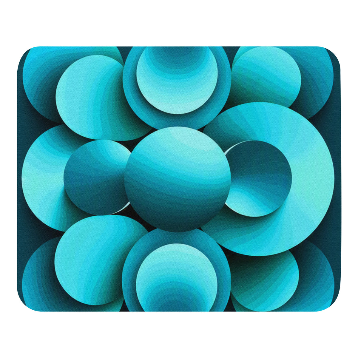 Echoes Mouse Pad flat lay — bold 3D abstract cyan and teal circular print by Abstract Aura.