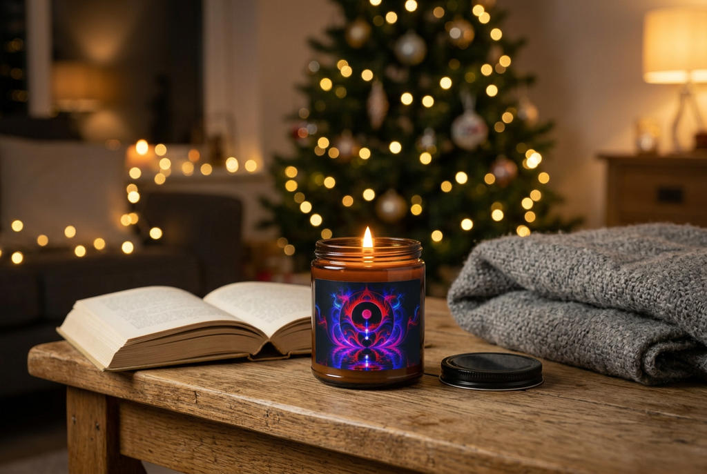 New Frontiers scented soy candle lit on a coffee table beside a Christmas tree — Abstract Aura