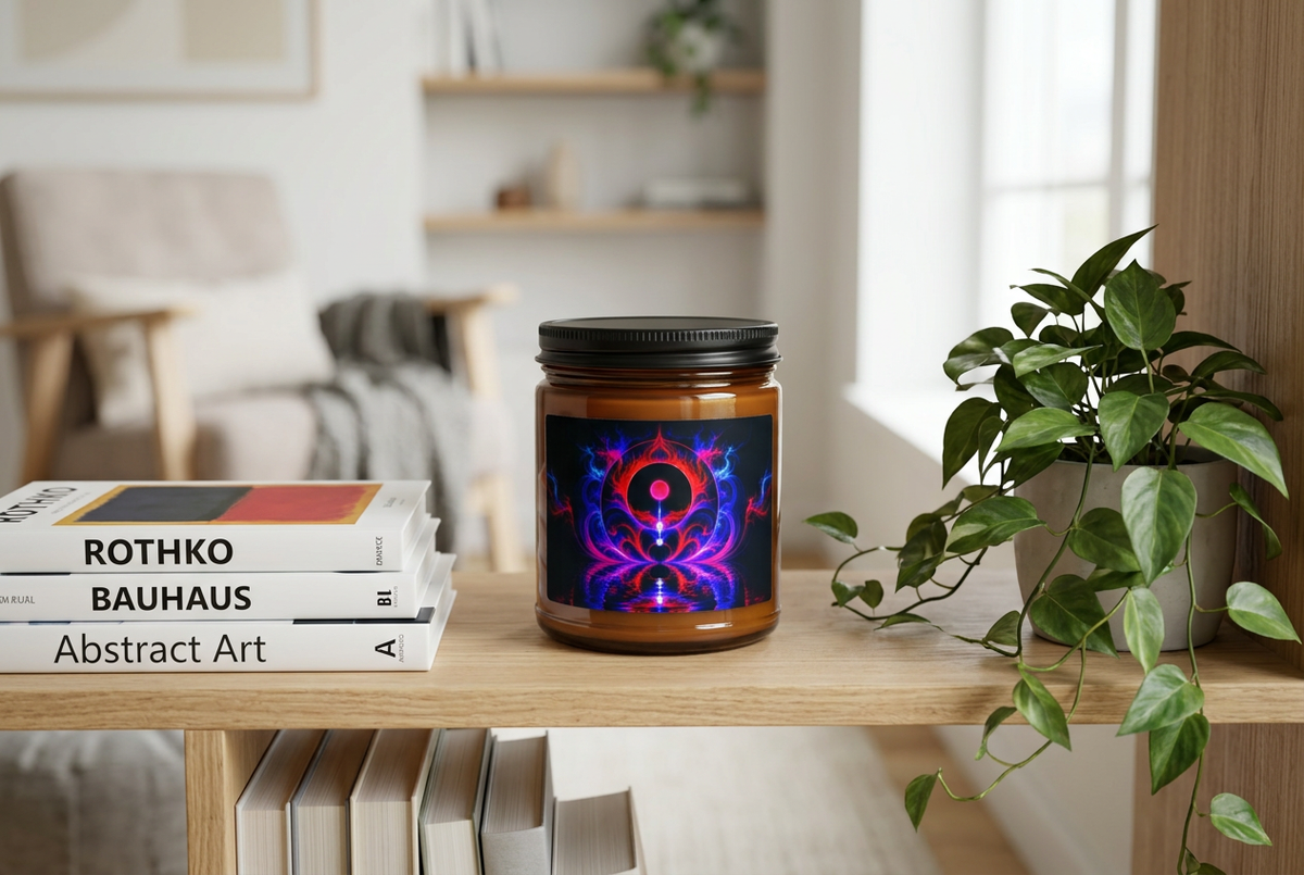 New Frontiers candle unlit on a light timber bookshelf in daylight.