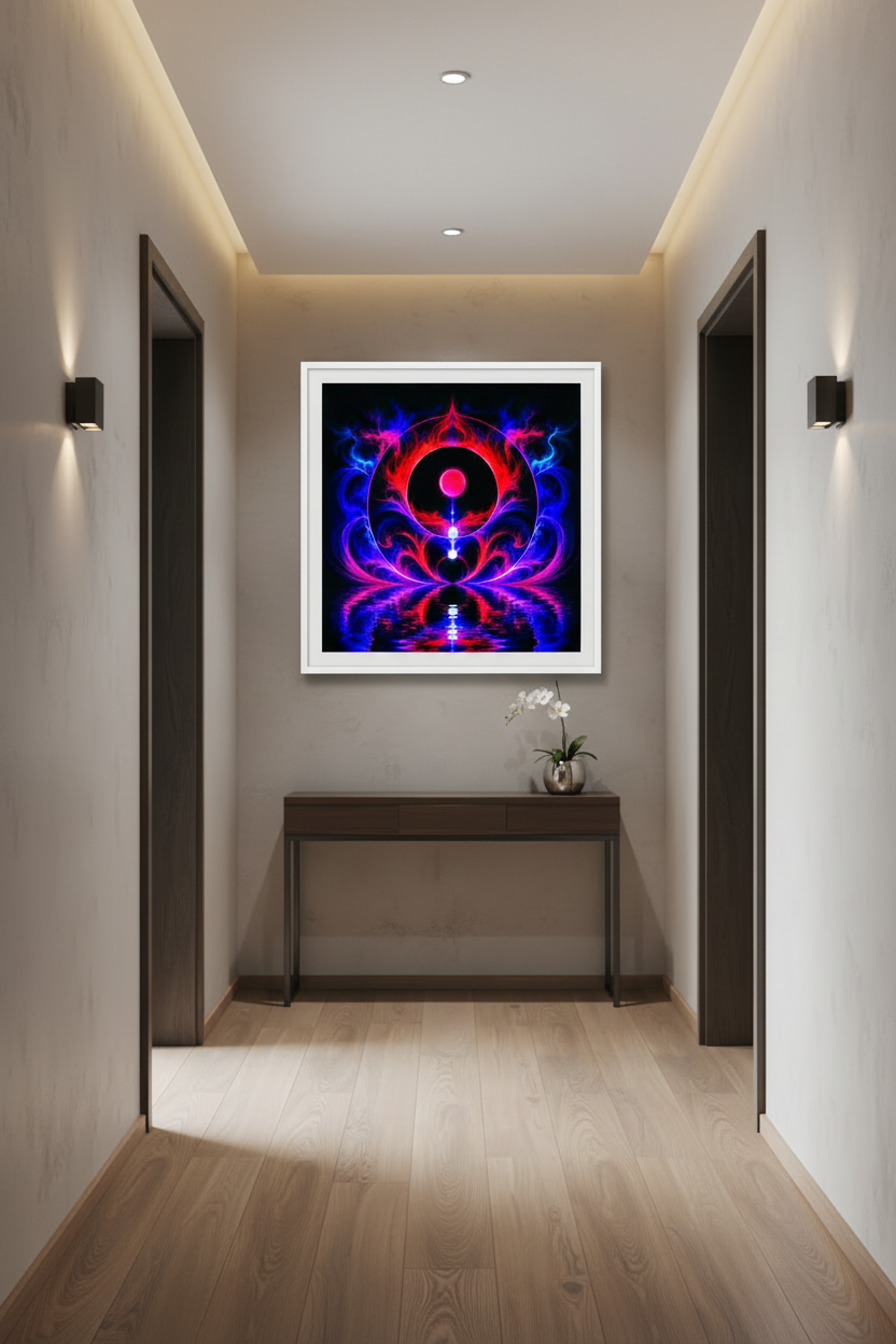 New Frontiers poster – framed print hanging in a bright modern hallway with light neutral walls and minimal decor.