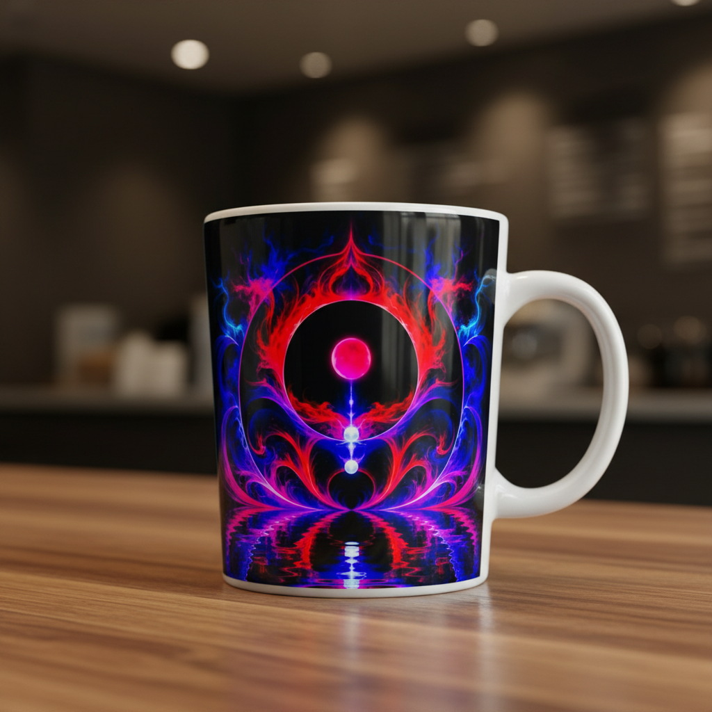 New Frontiers Latte Mug lifestyle – white ceramic cone mug styled on a warm wood desk.