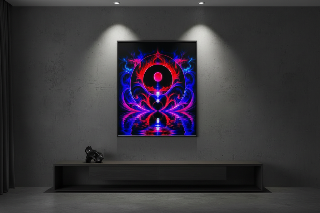 New Frontiers poster – square framed print in a moody dark studio interior, gallery lighting on charcoal wall.