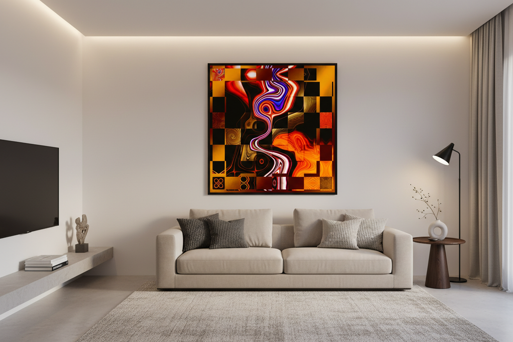 Rain Dance cyberpunk glitch art poster as a large 24×24 inch framed statement piece above a sofa in a contemporary living room — Abstract Aura.