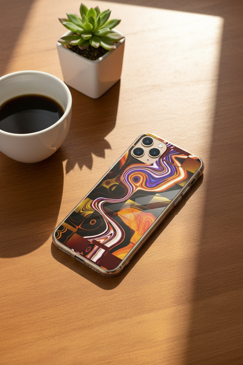 Rain Dance clear iPhone case on work desk – Abstract Aura.