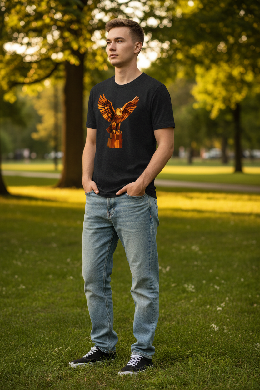 Lifestyle mockup of Respect Unisex T-Shirt in Black Heather with Golden Eagle print, worn casually in natural light.