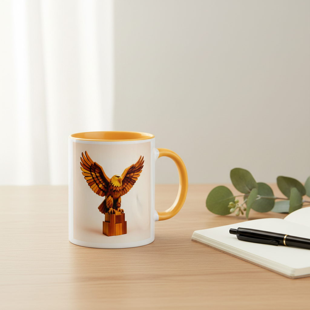 Respect Mug with Colour Inside lifestyle – white ceramic mug with golden yellow interior in styled setting.