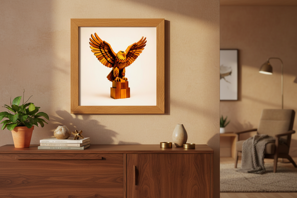 Respect Poster in oak wood frame above mid-century modern sideboard showing golden eagle wall art in warm living room setting.