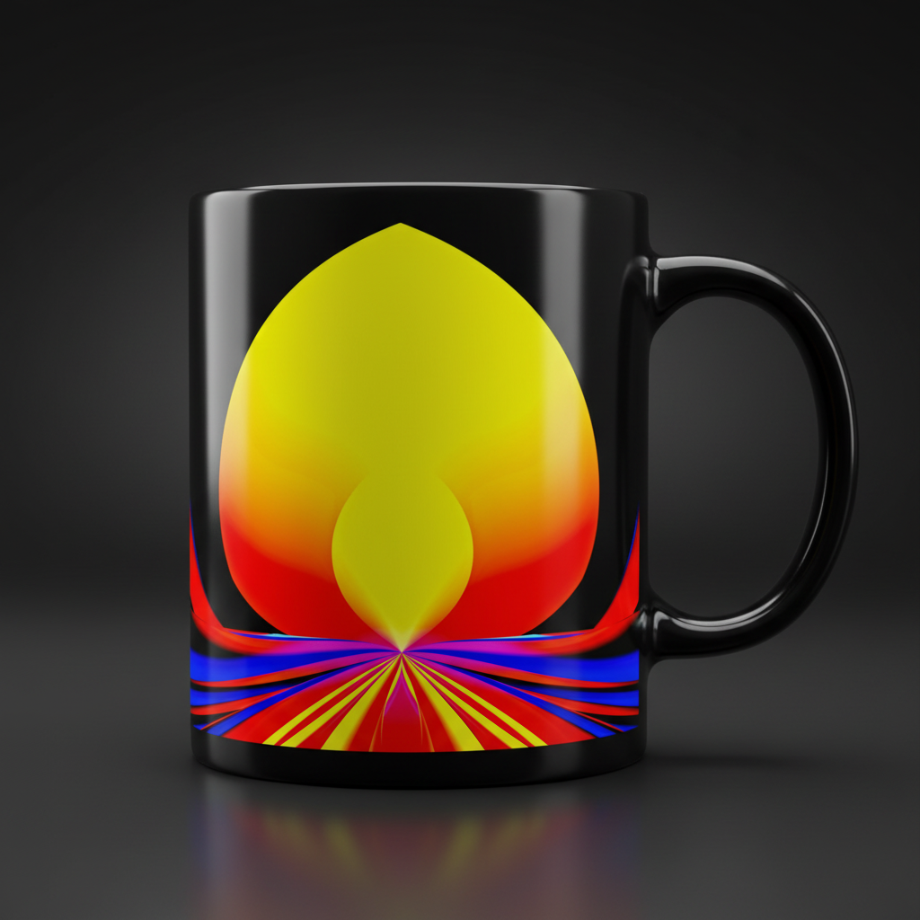 Solar Lotus Black Glossy Mug – black ceramic mug, front view, psychedelic abstract art in yellow, orange, red and blue.