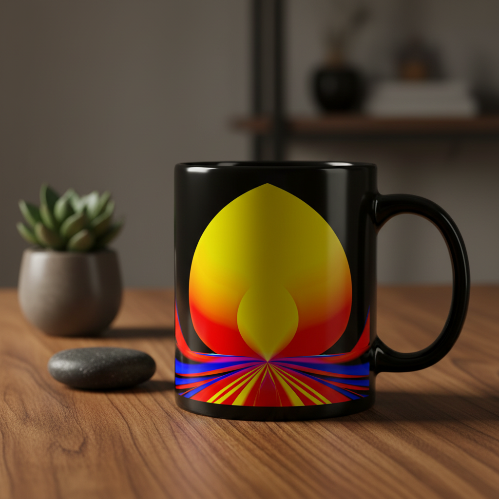 Solar Lotus Black Glossy Mug lifestyle – black ceramic mug in warm atmospheric setting.