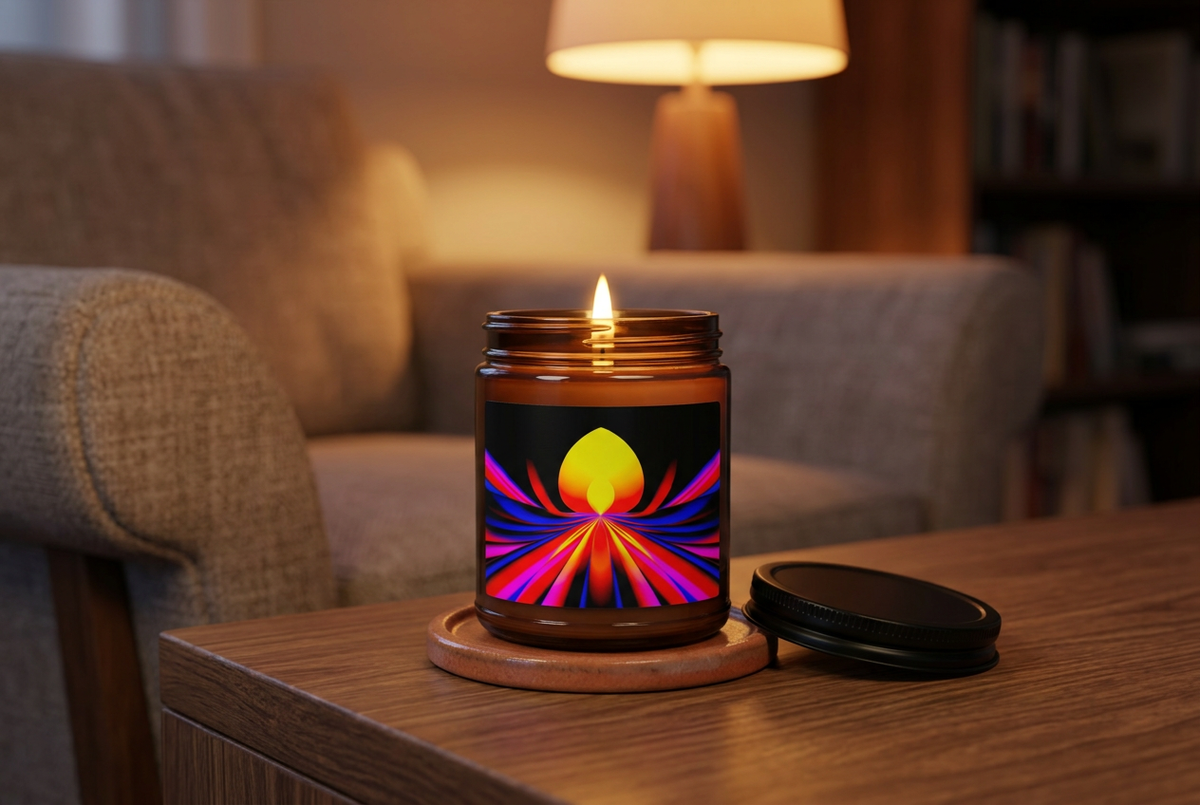 Solar Lotus scented soy candle lit on a timber side table in a warm evening living room, with golden lotus artwork on the amber jar.
