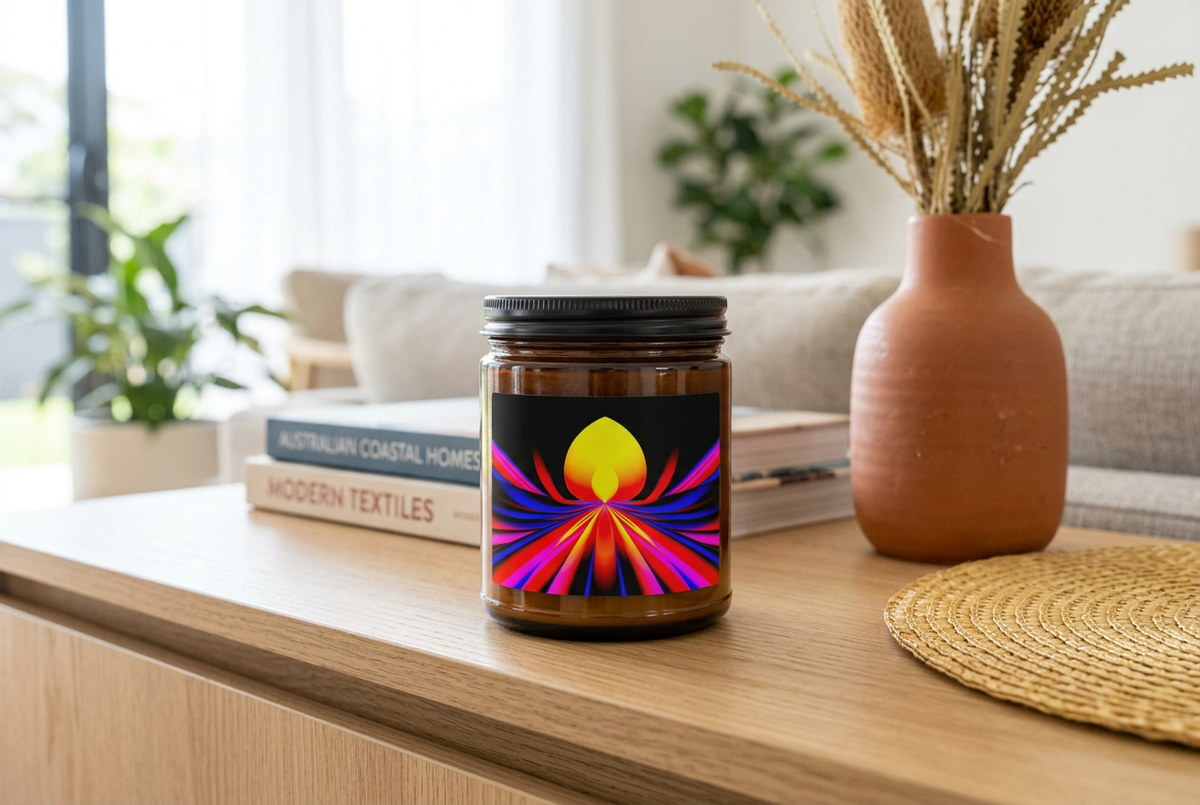 Solar Lotus scented soy candle with black lid on a light oak console in daylight, featuring golden lotus and colourful ray artwork.