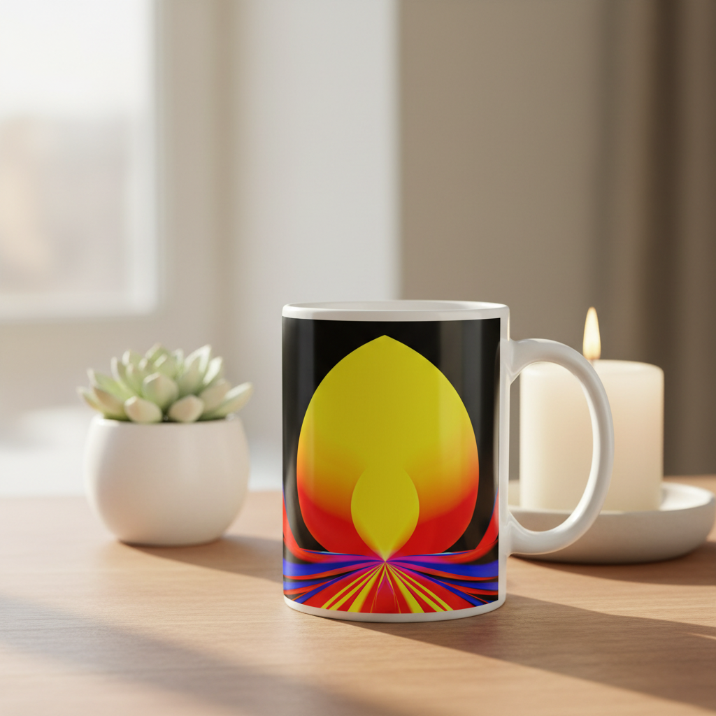 Solar Lotus Latte Mug lifestyle – white ceramic cone mug in warm atmospheric setting.