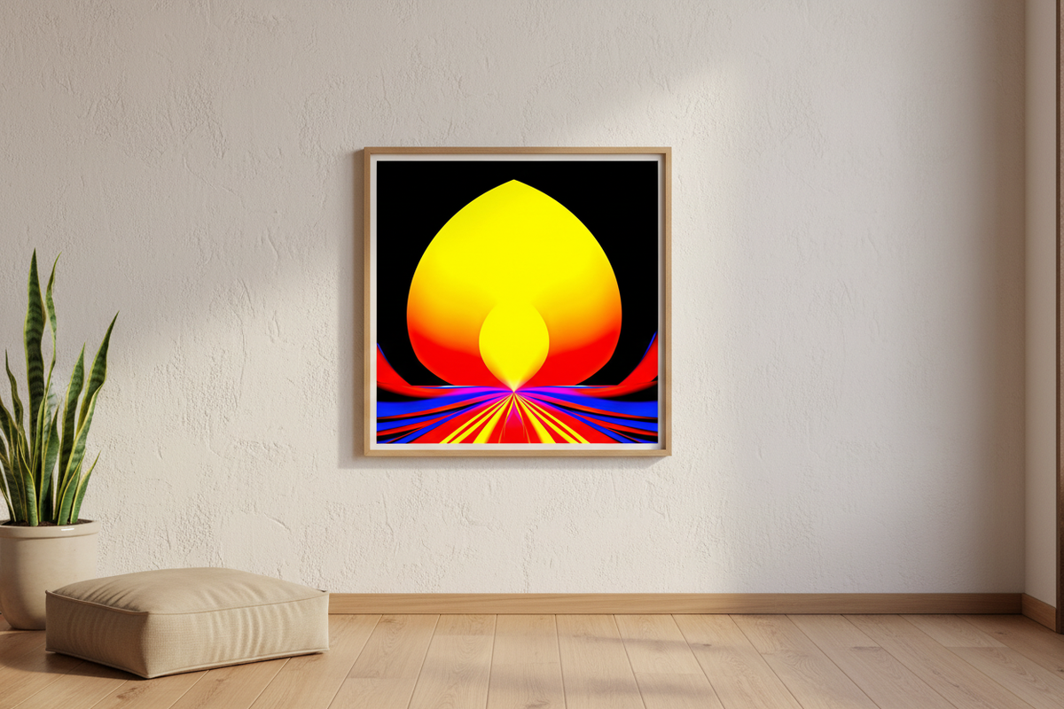 Solar Lotus Poster displayed in a serene meditation room as a framed square art print on a warm neutral wall with Zen decor.