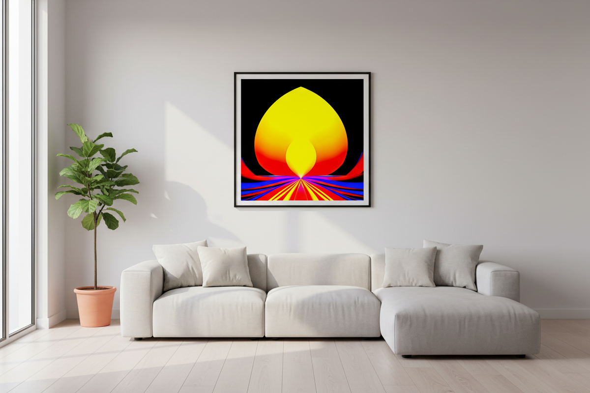 Solar Lotus Poster in a modern minimalist living room as framed square print as a bold accent piece on a light grey wall.