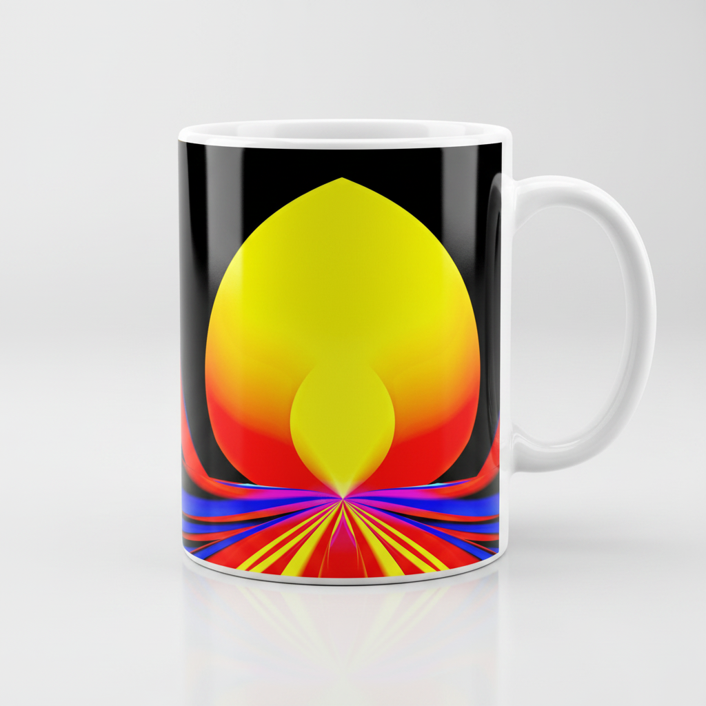 Solar Lotus White Glossy Mug – white ceramic mug, front view, psychedelic abstract art in yellow, orange, red and blue.