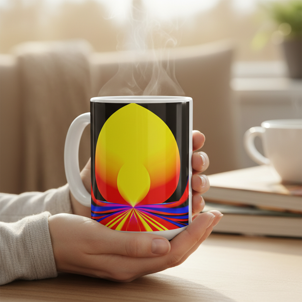 Solar Lotus White Glossy Mug lifestyle – white ceramic mug held in hands with vivid abstract art, warm cosy setting.
