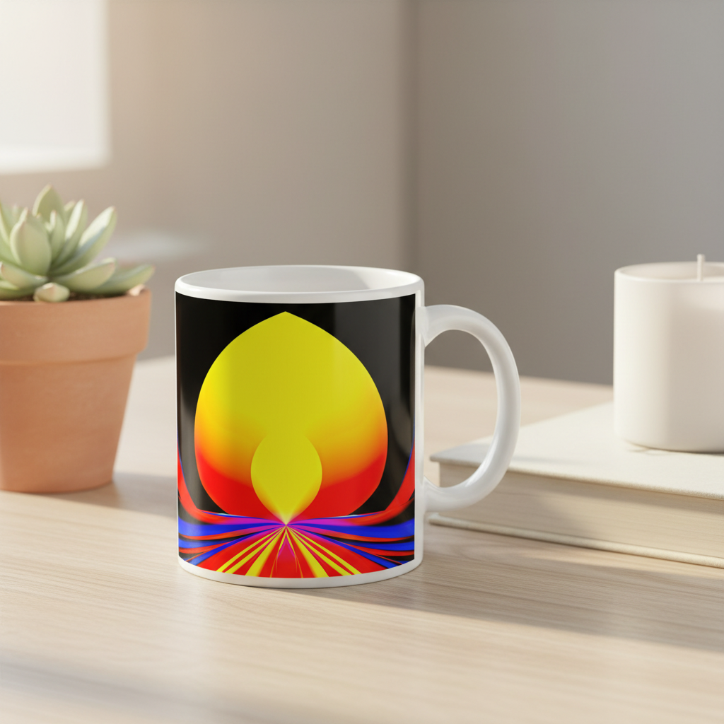 Solar Lotus White Glossy Mug lifestyle – white ceramic mug in warm golden setting.