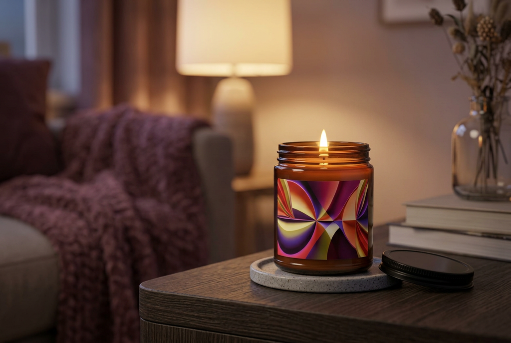 Story of Colour scented soy candle lit on a timber side table in a cosy living room with warm evening lighting.