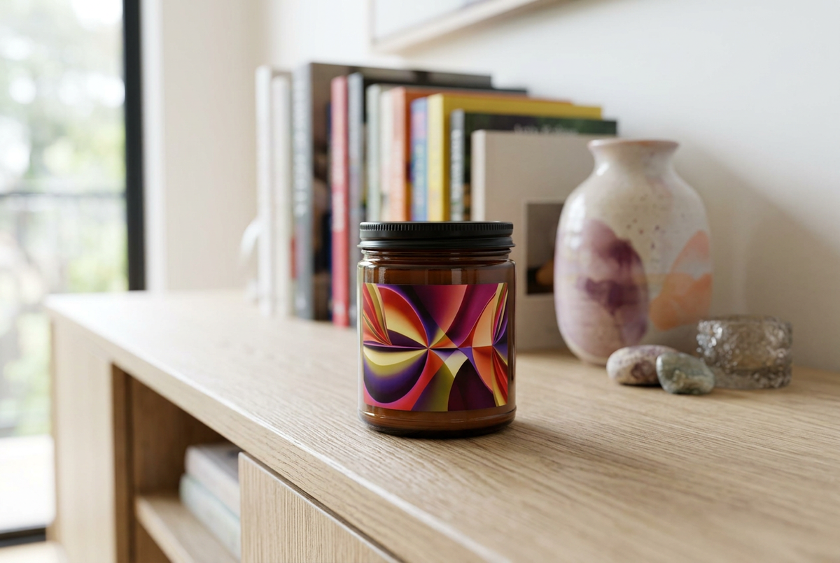 Story of Colour scented soy candle with black lid on a pale timber console in natural daylight.