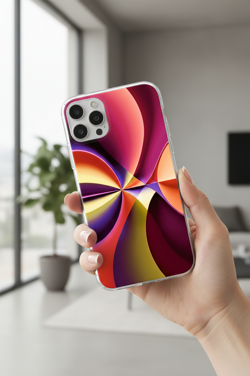Story of Colour clear iPhone case in hand – abstract art design – Abstract Aura.