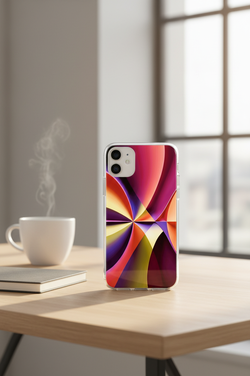 Story of Colour abstract art clear iPhone case on work desk – Abstract Aura.