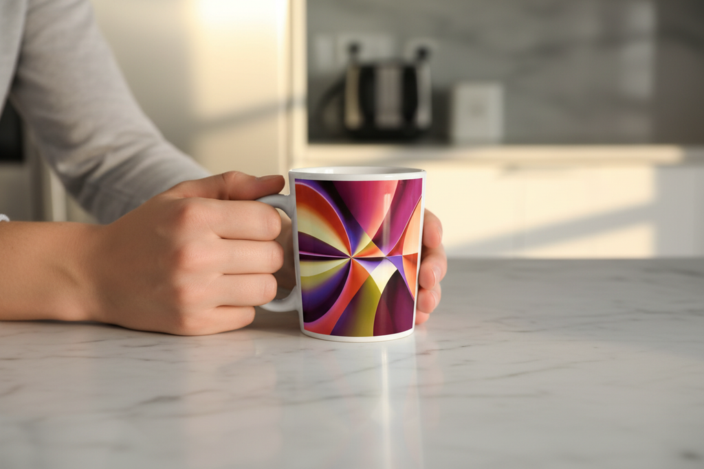 Story of Colour Latte Mug lifestyle – white ceramic latte mug held in hands over marble kitchen bench.