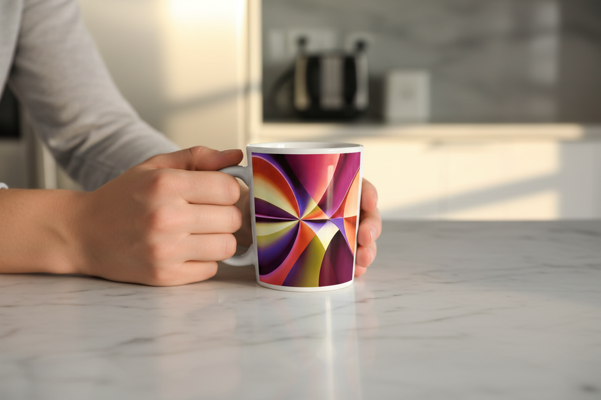 Story of Colour Latte Mug lifestyle – white ceramic latte mug held in hands over marble kitchen bench.